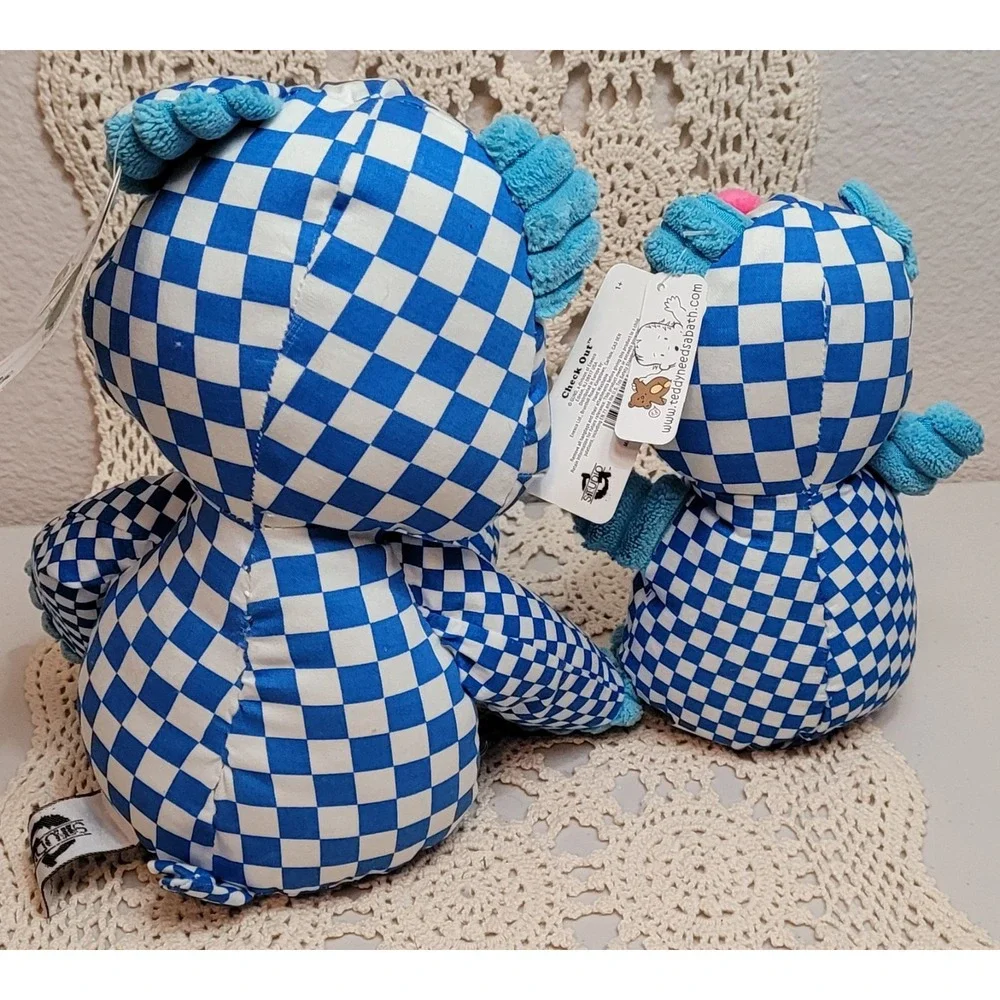 NWT 2 Gund Stuffed Animals. Blue & White Plaid. Multi colored eyes Unique Design